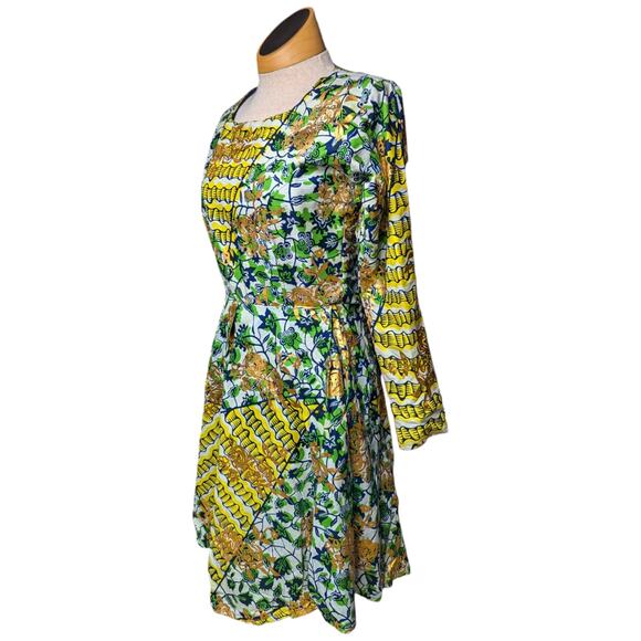 Vtg 1970s Blue Yellow Geometric Print Structured Dance Long Sleeve Mini Dress 6 - Picture 1 of 4
